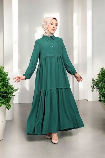 MODAQU Green Viscose Hijab Dress - Shirt Collar