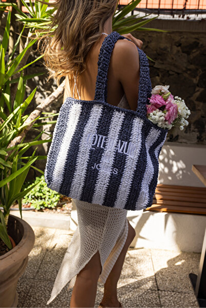 ANGELİNA JONES Γυναικεία COOSH - Μπλε και άσπρη ριγέ τσάντα παραλίας Raffia S...