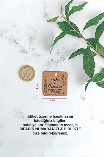 Vice Yaprak Baskılı etiket  / Kına- Nikah Etiketi /   4 CM 100 Adet kare kraft natural etiket