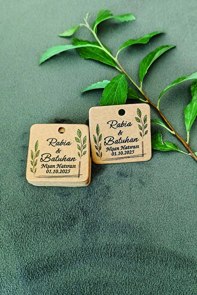 Vice Yaprak Baskılı etiket  / Kına- Nikah Etiketi /   4 CM 100 Adet kare kraft natural etiket