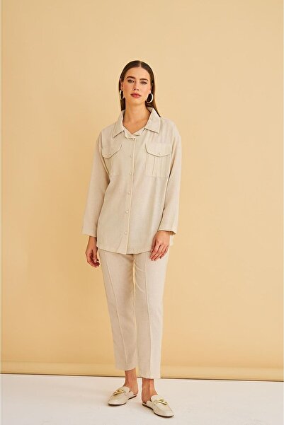 Basicpark Raxy Pocketed and Ribbed Linen Stone Shirt and Trousers Set