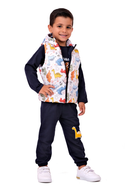 Merdia Boy's Dinosaur Printed Inflatable Vest and Combed Cotton 3-Piece Set - Hooded