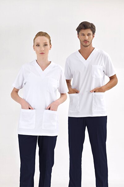 ÇİZGİ MEDİKAL Beyaz Likralı Tek Üst Unisex Kalıp Hemşire Forması Doktor Önlüğ...