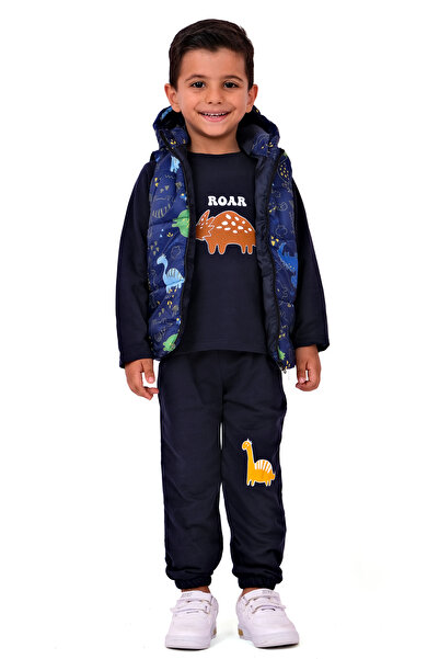 Merdia Boy's Dinosaur Printed Inflatable Vest and Combed Cotton 3-Piece Set - Hooded