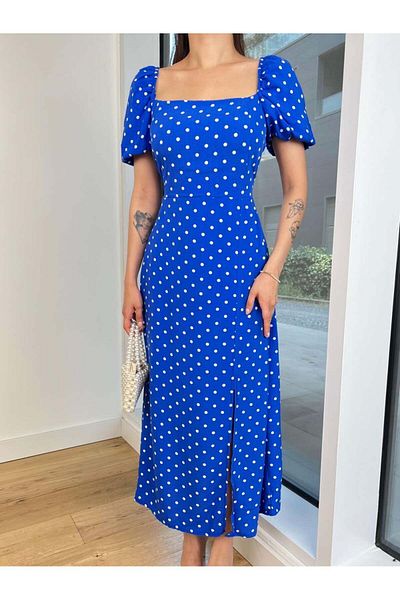 Kir Polka Dot Balloon Sleeve Dress - Waist Tie
