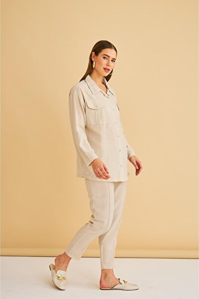 Basicpark Raxy Pocketed and Ribbed Linen Stone Shirt and Trousers Set