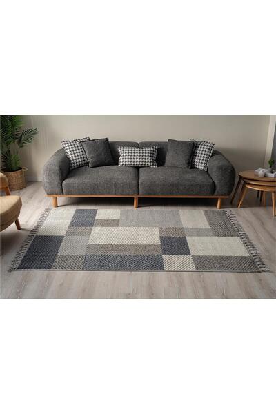 MsmWood Buklet 1403 Gri Mavi Örgü Desenli Kesme Halı