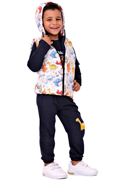 Merdia Boy's Dinosaur Printed Inflatable Vest and Combed Cotton 3-Piece Set - Hooded