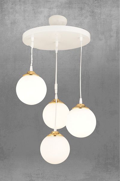 Kraliçe White Luxury Chandelier - 4-Piece White Globe Glass Straight Downward Facing Pendant Tray