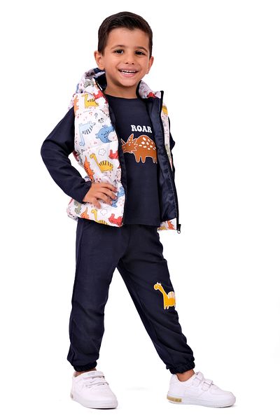 Merdia Boy's Dinosaur Printed Inflatable Vest and Combed Cotton 3-Piece Set - Hooded