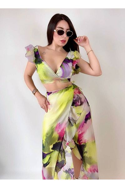GDS BUTİK New Season Lined Chiffon Dress - Wrap Skirt and Crop Set