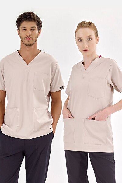 ÇİZGİ MEDİKAL Krem Rengi Likralı Tek Üst Unisex Kalıp Hemşire Forması Doktor ...