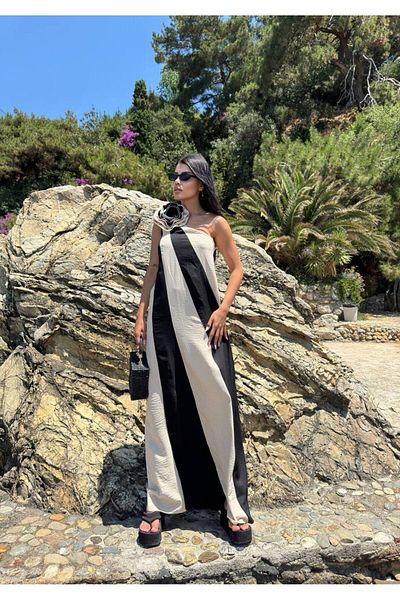 BRGCLOTHING Γυναικείο Premium λινό ριγέ με έναν ώμο με λουλούδια αξεσουάρ Λεπτομερές καλοκαιρινό μάξι φόρεμα