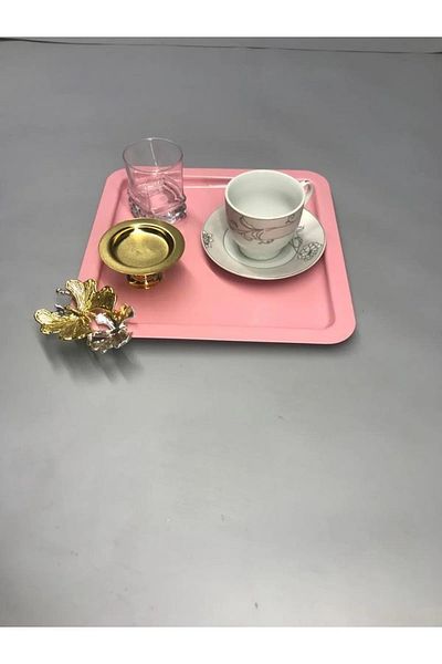 NEWTREND Züccaciye Luxury 6-Piece Light Pink Coffee/Tea Tray - With Butterfly Accessory, Stainless Steel Square