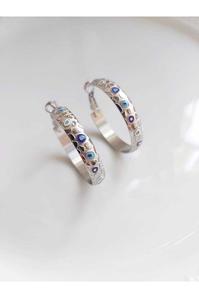 DEVİ fashion Evil Eye Beaded Silver Color Steel Ring Earring