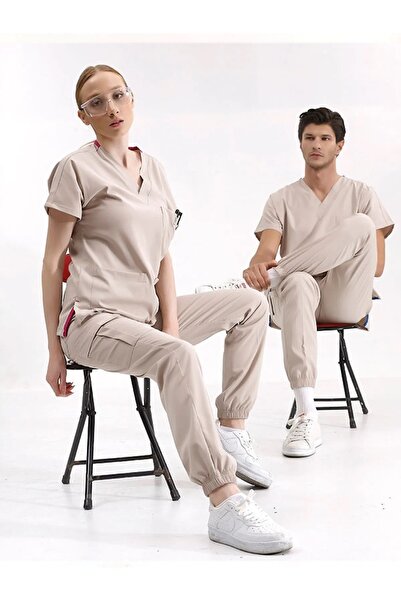ÇİZGİ MEDİKAL Krem Rengi Jogger Paça Likralı Doktor Hemşire Forması Scrubs Dr...