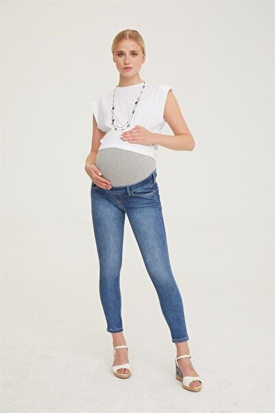 VAVIEN Kadın Mavi Hamile Skinny Jean Likralı Denim Pantolon 1085