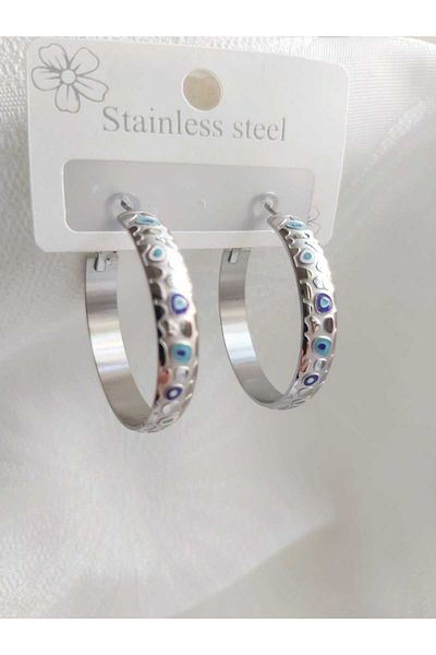 DEVİ fashion Evil Eye Beaded Silver Color Steel Ring Earring