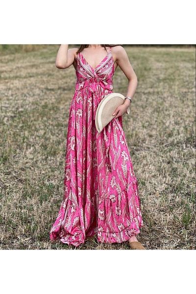laughs Satin V-Neck Long Dress - Stylish Maxi with Straps, Tie Detail and Flounce Pattern