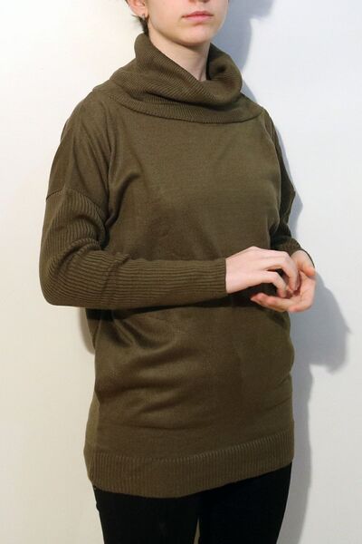 vory Khaki Degaje Collar Women's Knitwear Sweater with Standard Pocket Detail