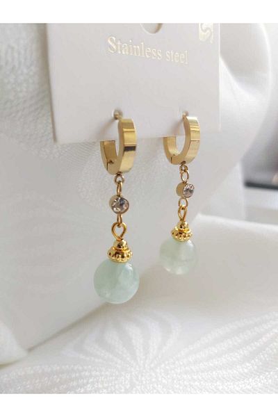 DEVİ fashion Mint Green Crystal Quartz Stone Steel Earrings