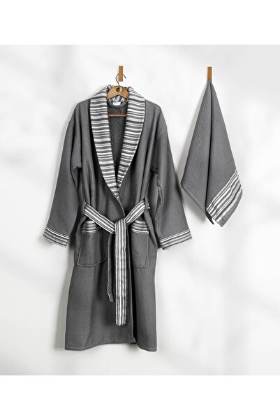Koza Home Limira Set of 2 - Anthracite Color Cotton 1 Bathrobe, S-M 1 Dowry Towel, 50x90 2229