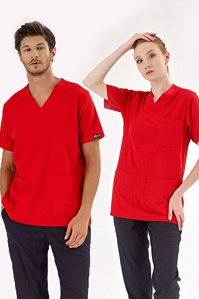 ÇİZGİ MEDİKAL Kırmızı Likralı Tek Üst Unisex Kalıp Hemşire Forması Doktor Önl...