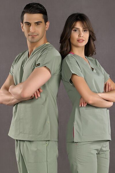 ÇİZGİ MEDİKAL Küf Yeşili Doktor Hemşire Forması Scrubs Terikoton Takım (İNCE KUMAŞ) Yarasa Kol Hemşire Üniforması
