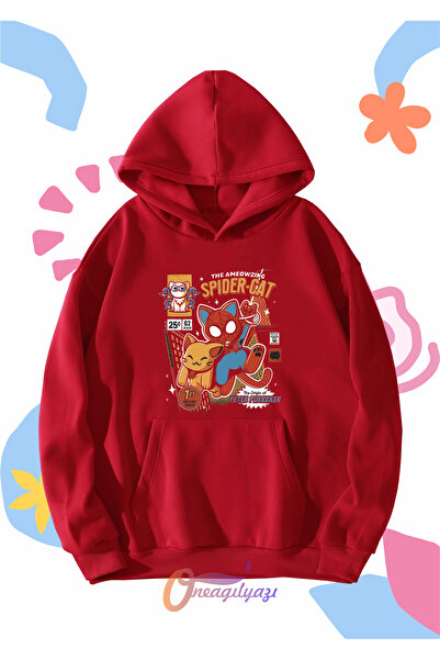 oneagılyazı سويت شيرت للأطفال للجنسين - طباعة سبايدر كات، مقاس كبير بغطاء للرأس