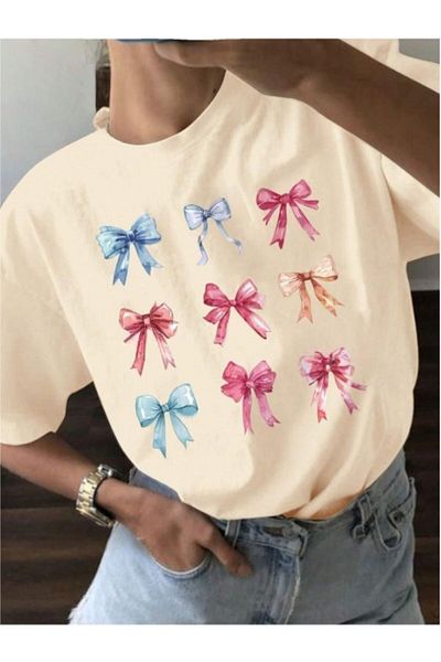 MOONBULL Tricou oversize pentru damă cu panglici colorate imprimate