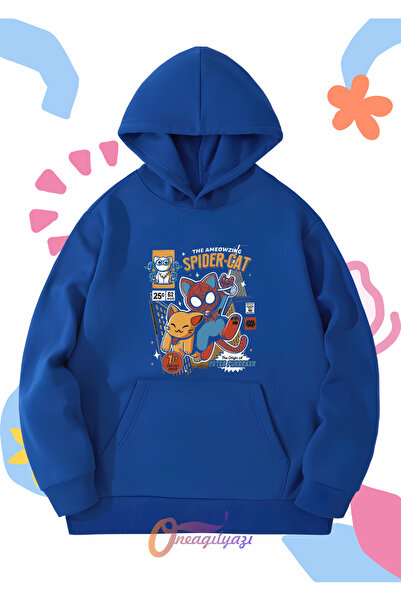 oneagılyazı Унисекс детска суитшърт - принт Spider-Cat, с качулка, овърсайз