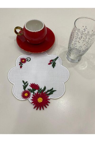 İNCİ ÇEYİZ 6 Adet Keten Kumaş Üzeri Ay Çiçeği Desenli Nakışlı Kahve Yanı Kokt...