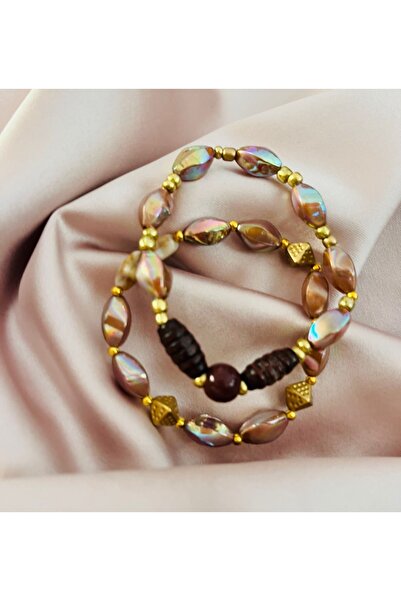 COCOSH TAKI Pembe hologram ve kahverengi boncuklu çoklu kombin lastikli tasarım bileklik