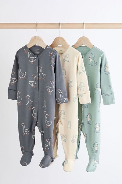 Next Baby Mineral Blue Farm Patterned 100% Cotton 3-Piece Overalls Set