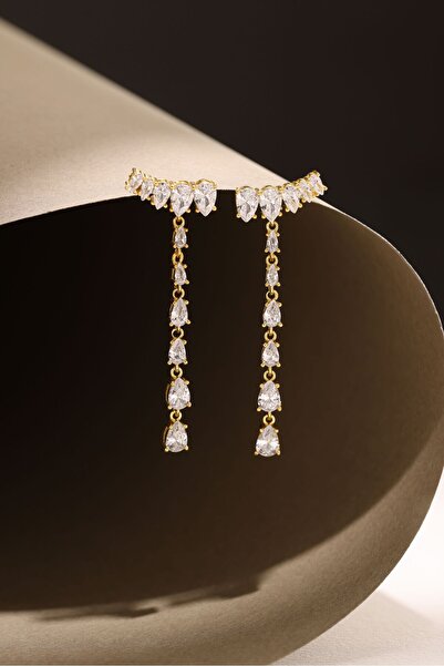 Nereze 925 Ayar Gümüş Gold Kaplama Sallantılı Sıralı Damla Taşlı Küpe