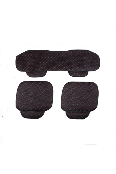 Tegin Araba Koltuk Minderi Ön Ve Arka Takım 3 Parça Aracınıza Stil Katın Siyah Deri Kırmızı Desen