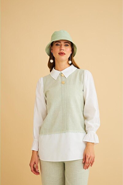 Basicpark Lambade Button Detailed Wide Leg Linen Mint Tunic Trousers Set