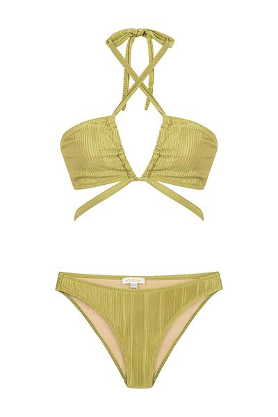 AQUELLA Satin Pleated Neon Green Strapless Bikini Set