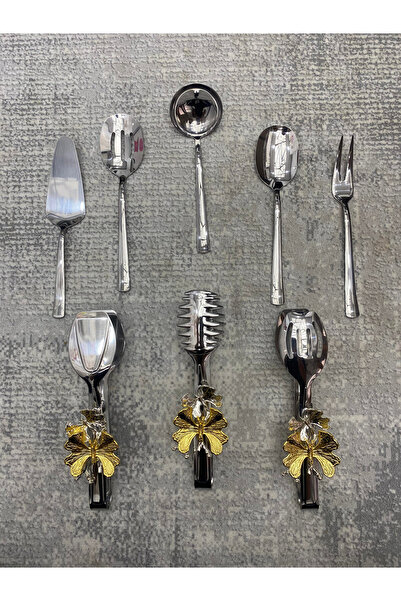 Aslı Hediyelik Set of 8 Stainless Steel Silver Colander - Ladle, Shovel, Fork, Spoon, Butterfly Tongs Serving Set, Dowry