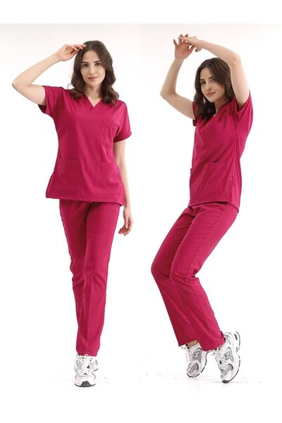 ÇİZGİ MEDİKAL Vişne Doktor Hemşire Forması Scrubs Dr Greys Likralı Takım Esne...