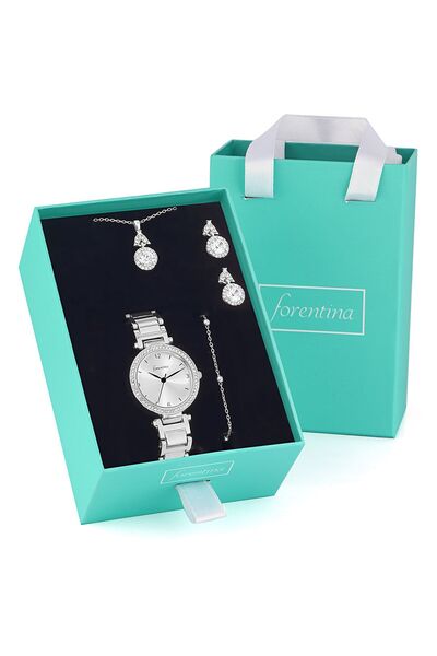 Forentina Gümüş Kaplama Beyaz Taşlı Kolye Küpe Bileklik Saat Hediye Set - Ps3...