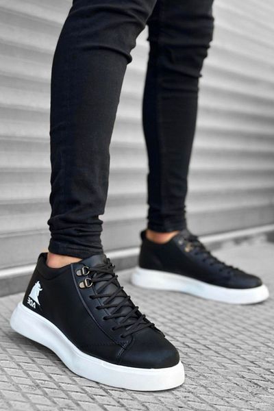 BOUIS Ανδρικά casual μαύρο λευκό από συνθετικό δέρμα αθλητικά παπούτσια με κορδόνια με ψηλή σόλα άνετα ορθοπεδικά αθλητικά παπούτσια