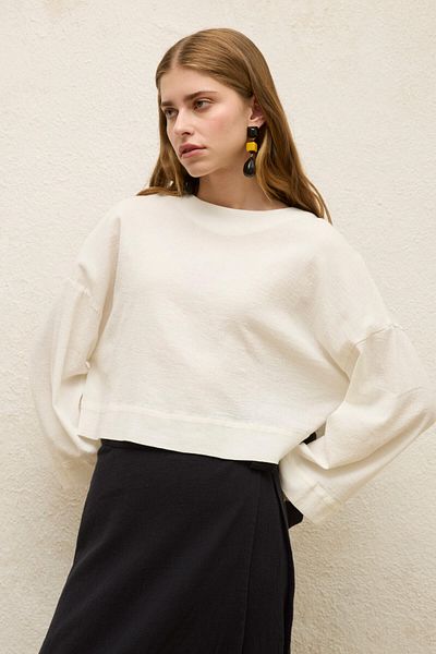 Manuka Cotton Wide Sleeve Crop Bluz Ecru