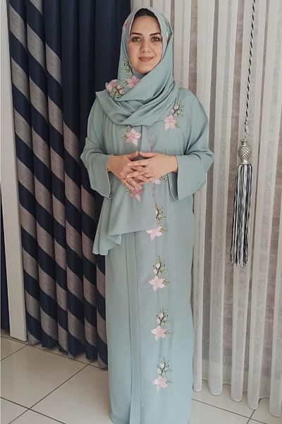 Misue Handmade Medina Silk Embroidered Tied Prayer Dress+shawl, Silk Morning Gown, Dowry Prayer Dress & Morning Gown