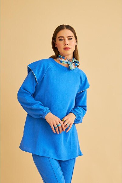 Basicpark Eles Shoulder Stoned Sleeves Gathered Linen Blue Tunic Trousers Set