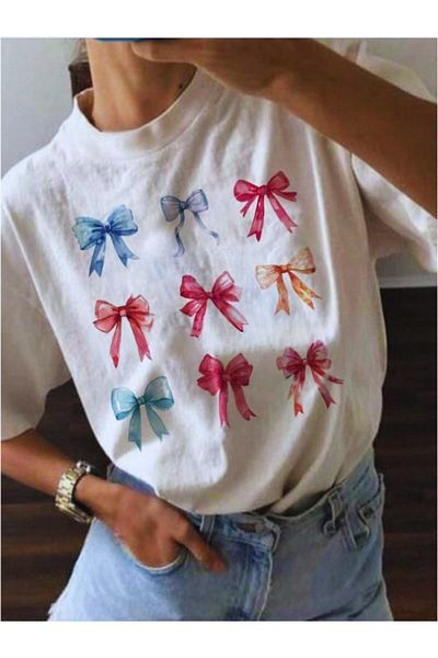 MOONBULL Tricou oversize pentru damă cu panglici colorate imprimate