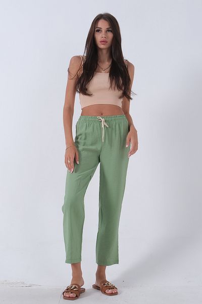 Feminist Green Linen Trousers - Waistband and Elastic0803447