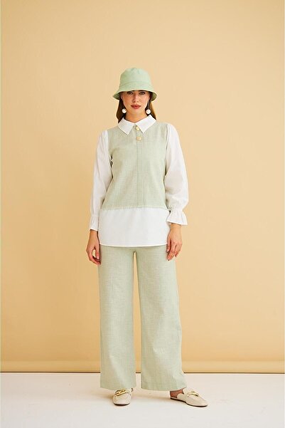Basicpark Lambade Button Detailed Wide Leg Linen Mint Tunic Trousers Set