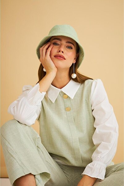 Basicpark Lambade Button Detailed Wide Leg Linen Mint Tunic Trousers Set