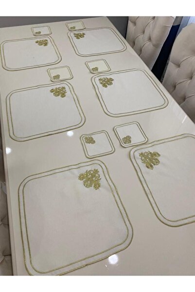 İNCİ ÇEYİZ 12 Parça Birinci Kalite Keten Maraş İşi Sırma Nakışlı Amerikan Servis Supla Ve Sunum Peçetesi.